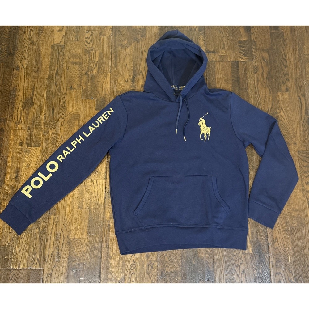 Polo Ralph Lauren Hoodie Mens M Navy Blue Reflective Gold Big Pony Logo Hoodie